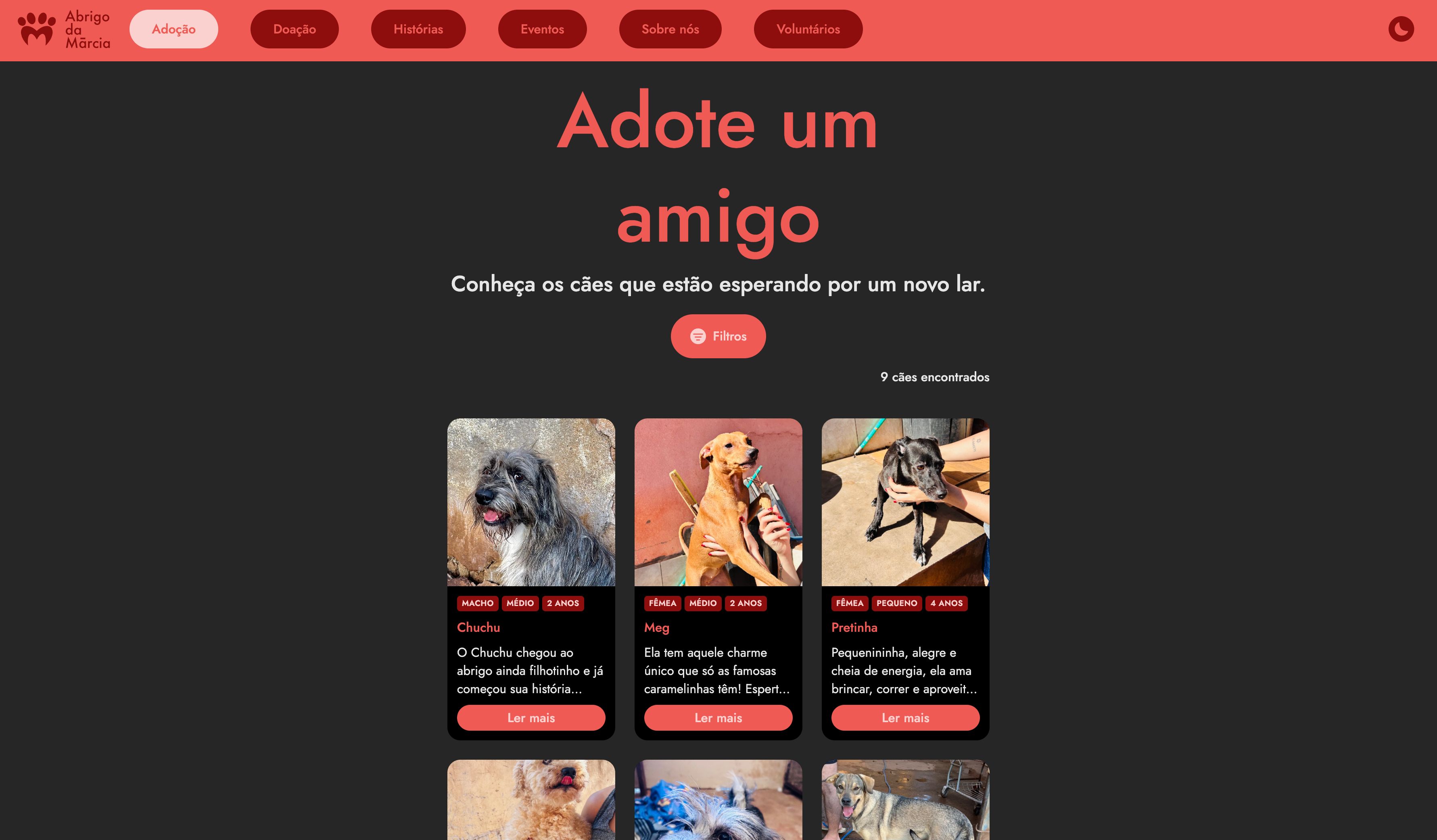 Página de adoção do Abrigo da Márcia
