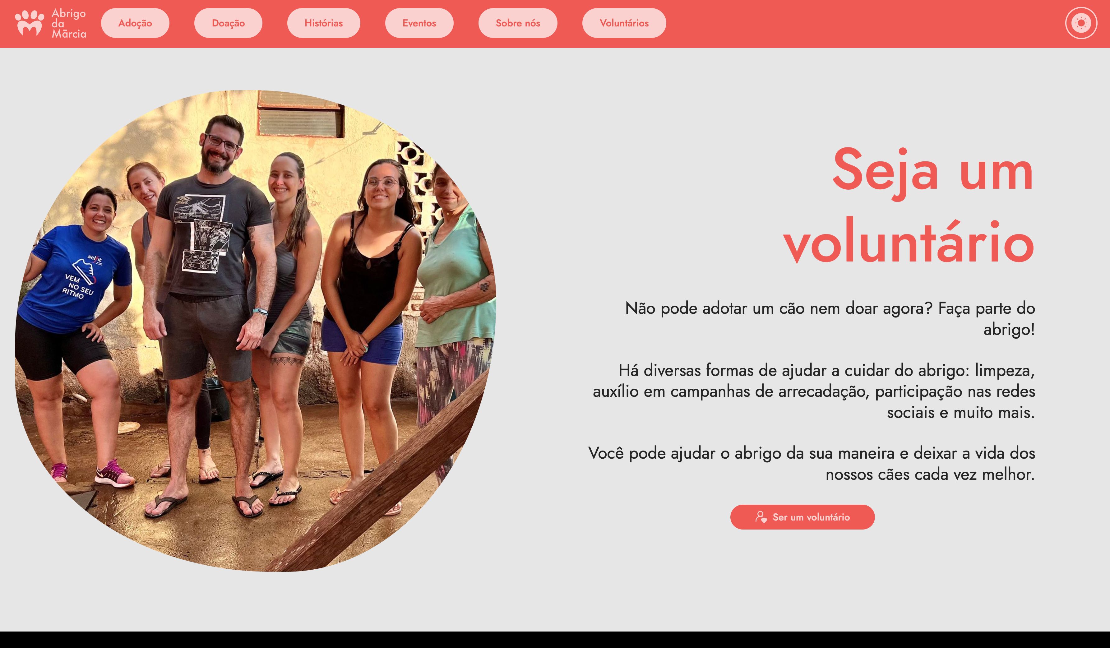 Página para voluntariado no Abrigo da Márcia